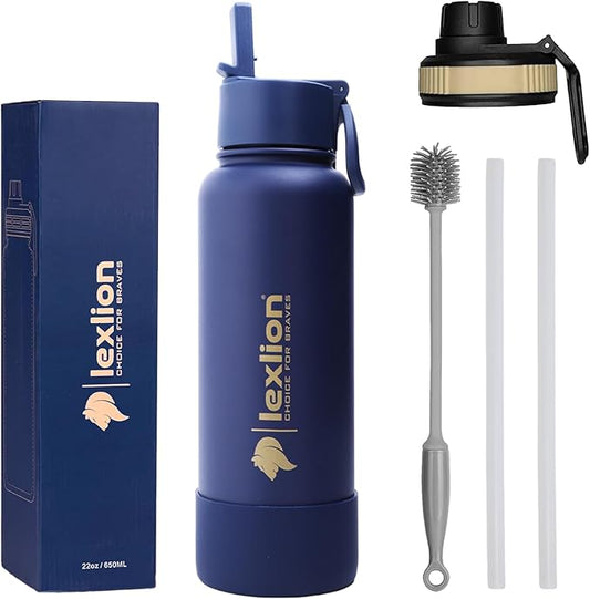 Water Bottle 22oz, Triple Walled Insulated Stainless Steel Reusable Bottle, Silicone Sleeve, Cleaning Brush, 2 Lids (Spout lid & Straw lid w/2 straw), Metal Mug Gallon, BPA Free, Twilight Blue