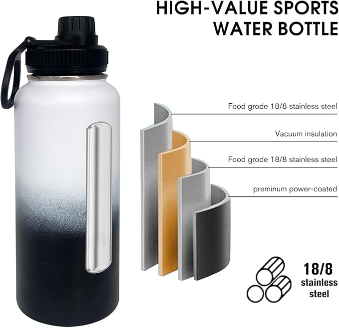 4pack 32 oz Insulated Water Bottle With Straw, Stainless Steel Sports Water Cup Flask with 2 Lids, Wide Mouth Travel Thermal Mug,Black white