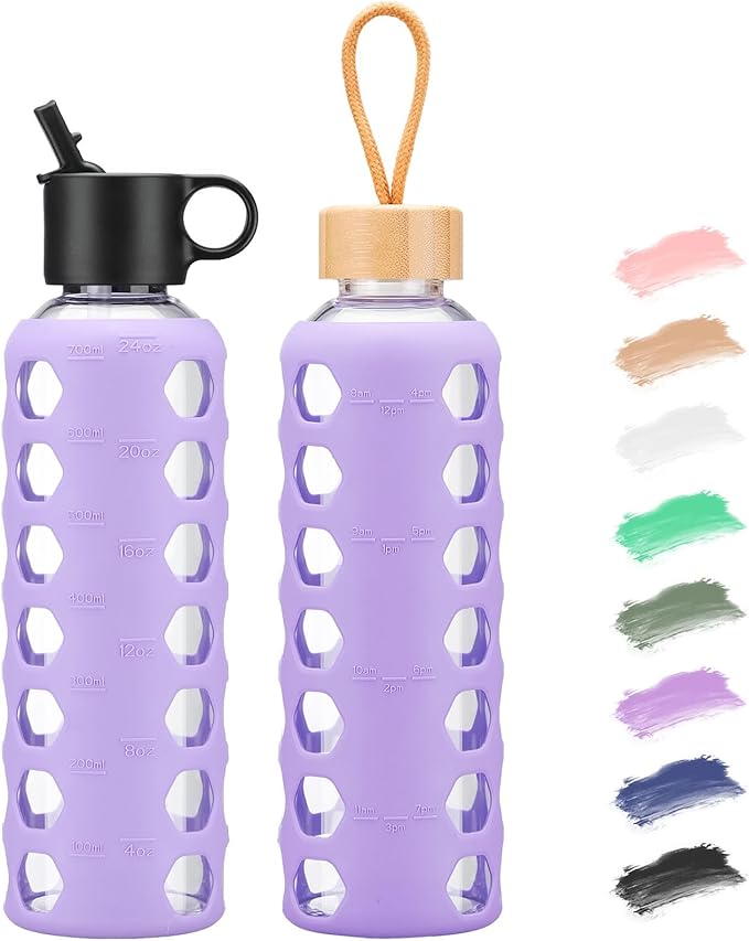 MUKOKO Glass Water Bottles, 24oz Glass Tumbler, Drinking Bottles with 2 Lids-Handle Flip Straw Lid&Bamboo Lid, Motivational Water Bottle with Time Marker and Silicone Sleeve, Leakproof-1 Pack-Purple