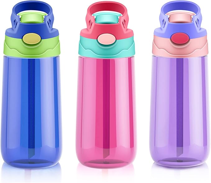 Kids Water Bottle for School 16 OZ Water Bottle with Straw BPA-Free Reusable Leak-proof Water Bottles with One-handed Opening Straw Lids, Anti-dust Spout Cover (PINK)