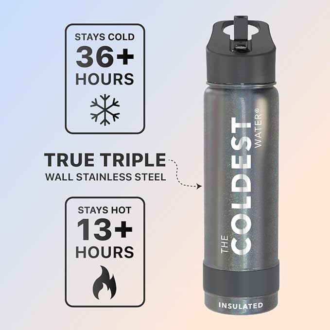 Coldest Sports Water Bottle with Straw Lid Vacuum Insulated Stainless Steel Metal Thermos Bottles Reusable Leak Proof Flask for Sports Gym (24 oz, Stardust Glitter)