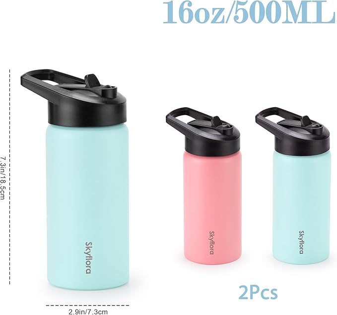 Kids Water Bottle with Straw 2 Pack, 16oz Water Bottles Bulk, Single Wall 18/8 Stainless Steel, Dishwasher Safe & Leakproof, Reusable Gift for Girls Boys to School Sports Travel Camping, Pink & Green