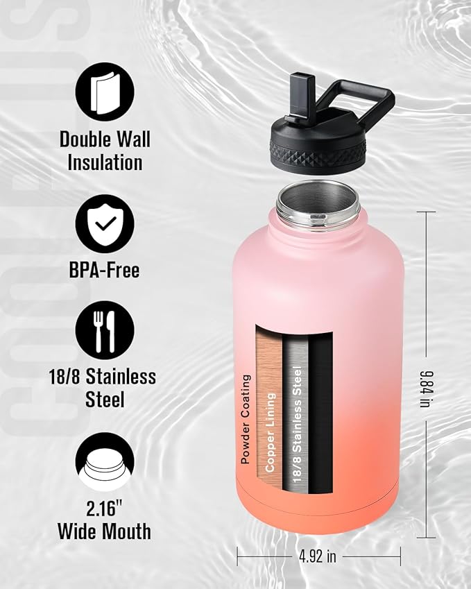 Coolplus Insulated Water Bottle 64 oz, Half Gallon Water Jug With Straw Stainless Steel Double-Walled Vacuum Metal Large Flask With Carry Sleeve for Sports Gym Ourdoor, Keep Cold 48 Hrs, Orange