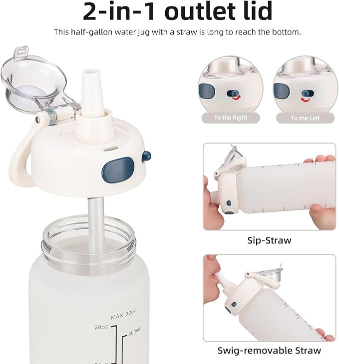 SIEROZUR 32 oz Glass Water Bottle with Straw and Handle Large Sports Motivational Water Bottle with Locking Lid and Time Marker Leakproof Water Jug for Daily Hydration Intake BPA Free