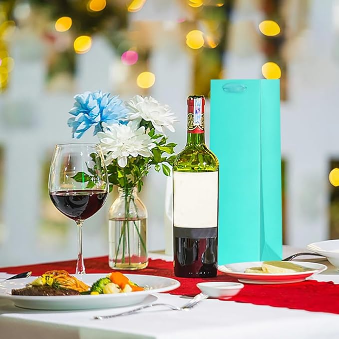 KEYYOOMY Wine Gift Bags - 10 Pack Teal Blue Kraft Paper Wine Bottle Gift Bags with Handles for Wedding Birthday Housewarming Christmas Party Supplies(10CT,13.8x4.3x3.5 IN,Teal Blue)