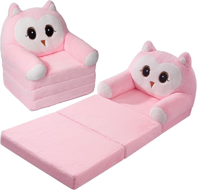 Kids Sofa Chair for Toddler, 2-in-1 Folding Soft Baby Couch with Removable Cover, Comfy Plush Children's Recliner, Convertible Floor Sofa Bed to Lounger for Girls Boys Age 1-3,Owls Pink
