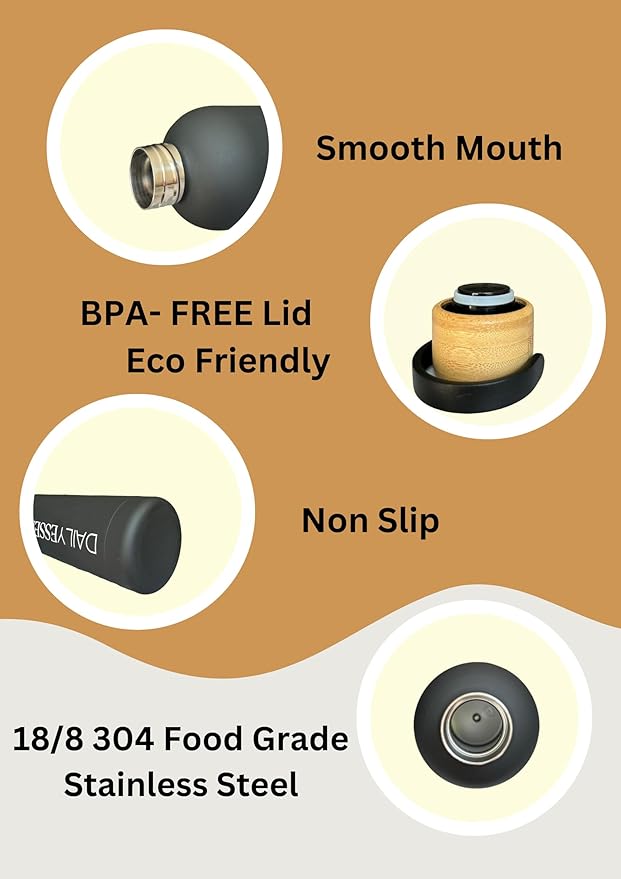 Daily Essentials Matte Black Stainless Steel Water Bottle With Bamboo Lid, 34 oz