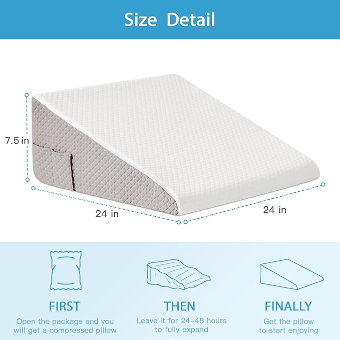 Wedge Pillow for Back Pain Relief, Bed Wedge Pillow for Sleeping, 24×24×7.5 Inch Memory Foam Anti Snore Pillow, Triangle Pillow Wedge for Sleeping Acid Reflux, Gerd, Elevated Pillow White/Grey