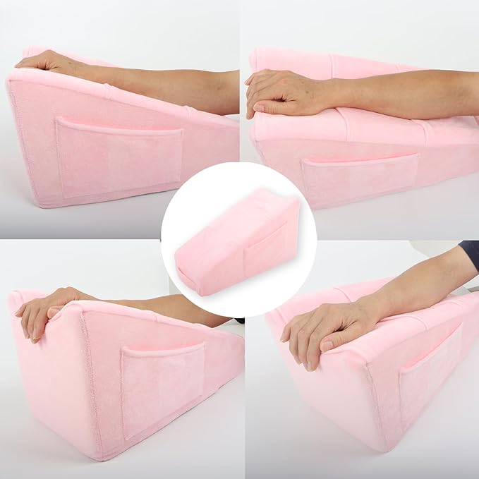 Sexysamba Arm Pillow Arm Elevation Pillow with 5 Pockets for Post Surgery Support Pillow for Elbow Arm Rest Wedge Pillow Shoulder Surgery Pillow with Removable Non-Slip Bottom Pillow Case - Pink