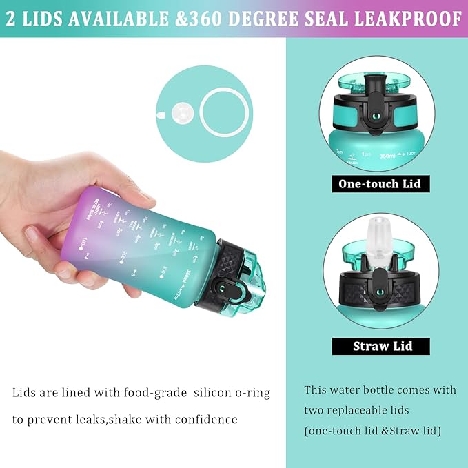 GOPPUS Kids Water Bottle with Straw Spout Lid 10pcs Stickers 12 oz Leak-proof BPA Free Motivational Time Marker Tritan Plastic Water Bottles for Girls Boys School Sports