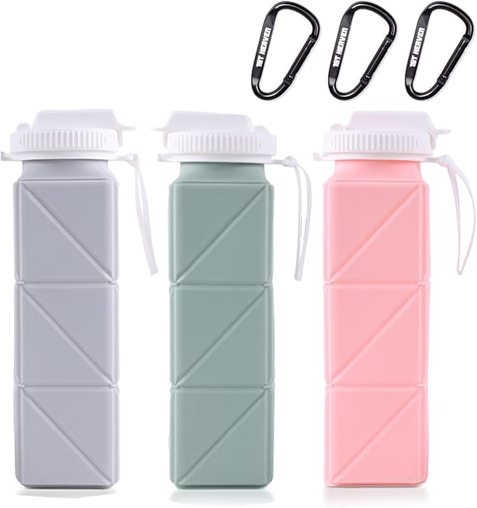 Collapsible Water Bottle, Silicone Foldable Water Bottles For Travel, Easy-To-Carry Design And Compact Size, BPA Free, 20 oz (3PC, 3 Colors (Cuboid))