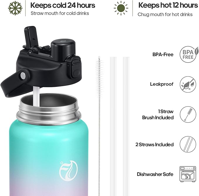 Half Gallon Insulated Water Bottle with 2-in-1 Lid (Chug Lid/Straw Lid), 40/64oz Double Walled Vacuum Stainless Steel Water Bottles, Water Jug with Straw