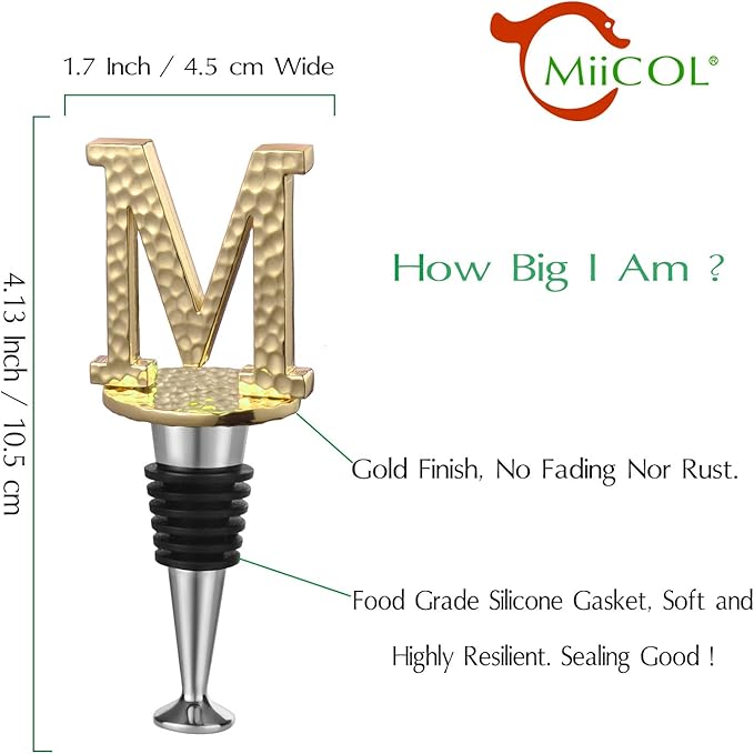 Miicol Wine Bottle Stopper, Prosecco Stopper, Gold Wine Stopper, Personalised Champagne Stopper, Initial Wine Stopper, Funny Prosecco Gift, Wine Lovers Gift, Kitchen Decor, Letter M