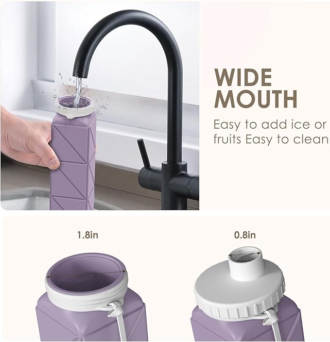 INNERNEED Collapsible Water Bottle, Reuseable BPA Free Silicone Foldable Water Bottles for Travel Gym Camping Hiking, 20.6 fl.oz, Portable, Food-Grade, Leak Proof (1 Pack, Purple)