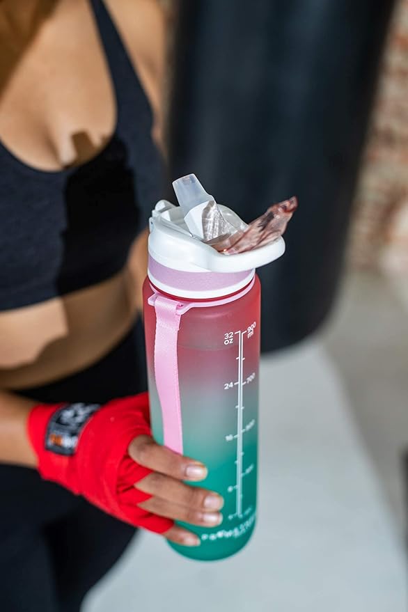 Prometheuz 32oz Water Bottle with Straw, Motivational Water Bottle with Time Marker, Water Bottles Leakproof & BPA-Free for Sports, Work and Fitness Rose Mint