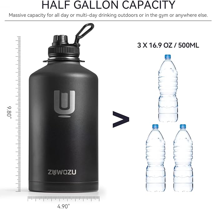 Half Gallon Water Bottle Insulated, 64oz Stainless Steel Water Bottle with Straw, Spout & Handle Lid, Half Gallon Water Jug with Carrier Bag w/Strap, Perfect for Hot&Cold Drinks (Black, 64oz)