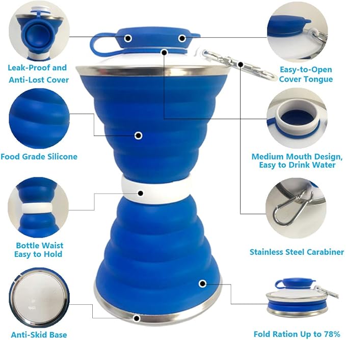 Collapsible Water Bottle, Camping Cup With Carabiner, Reuseable Silicone Foldable Leak Proof Portable Sports Travel Water Bottles For Outdoor, Travel Gym Hiking, BPA Free, Cycling Cups with Carabiner