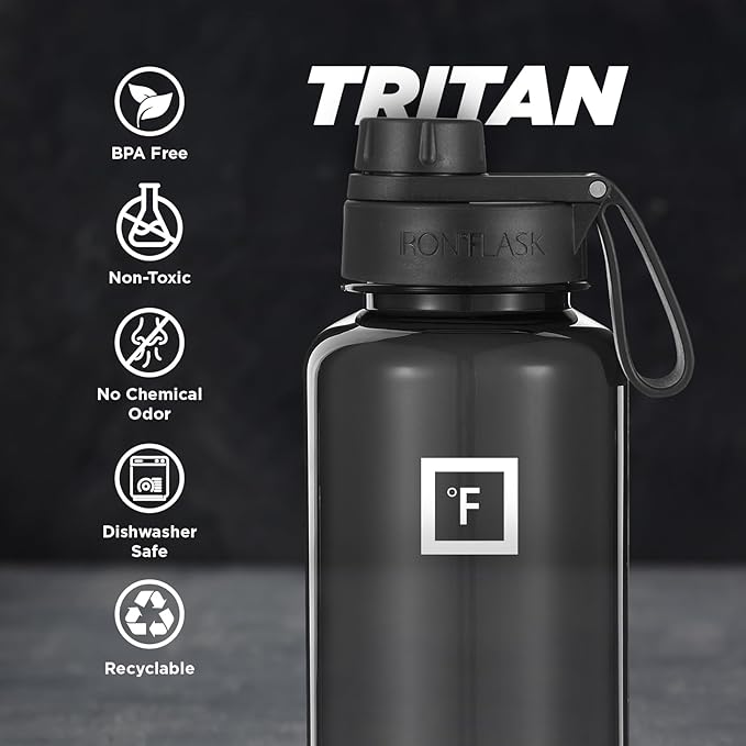 IRON °FLASK Clear Tritan Trekker Water Bottle with Chug Lid - Leak Proof & Lightweight for Gym, Hiking, Sports - Dishwasher Safe, BPA Free Plastic - Black, 32 Oz