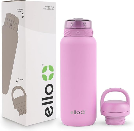 Ello Cooper 32oz Stainless Steel Water Bottle with 2 Lids Chug and Straw | Leak Proof | Double Walled and Vacuum Insulated | Built in Carry Loop | Dishwasher Safe | Bubblegum Pink