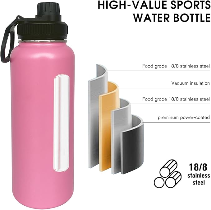 4pack 40 oz Insulated Water Bottle With Straw, Stainless Steel Sports Water Cup Flask with 2 Lids, Wide Mouth Travel Thermal Mug,Pink