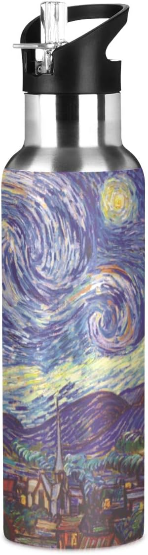 Van Gogh The Starry Night Sports Water Bottle, 22 Oz BPA Free Non-Toxic Stainless Steel Water Bottle with Straw for Gym Yoga Fitness Camping