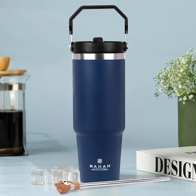 Tumbler with Handle & Extra Cloud LID – 30oz/900ml, Premium 304 Stainless Steel, Insulated Water Bottle, Leak-Proof, Steel Straw, Teddy Straw Cap, Cleaning Brush & Carabiner Hook (Midnight Teal Blue)