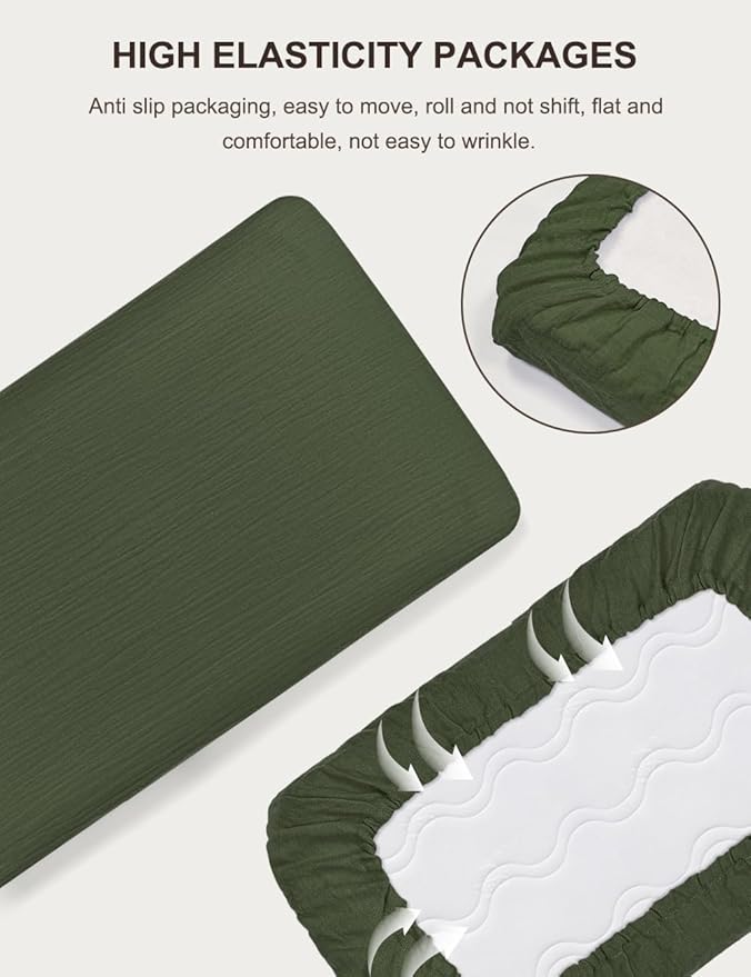 Olive Green Pack and Play Mattress Pad Sheets, Neutral Muslin Cotton Small Pack n Play Mattress Pad Cover, 39"x27" Soft and Breathable Baby Sheets for Pack and Play (46P-10)