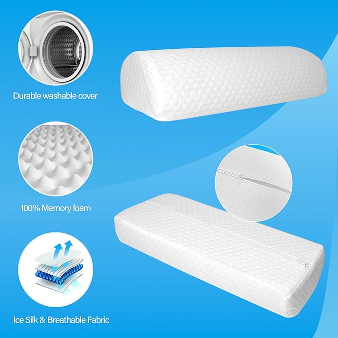 Half Moon Bolster Pillow for Legs, Knees, Lower Back and Head, Lumbar Support Pillow for Bed,Knee Pillow For Side Sleepers,Sleeping | Semi Roll for Ankle and Foot Comfort - Machine Washable Cover