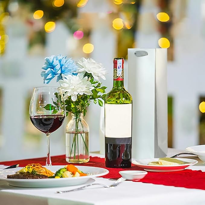 KEYYOOMY Wine Gift Bags - 10 Pack Silver Gray Kraft Paper Wine Bottle Gift Bags with Handles for Wedding Birthday Housewarming Christmas Party Supplies(10CT, 13.8x4.3x3.5 IN, Silver Gray)