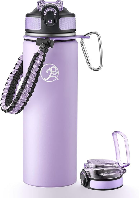 GOSWAG Insulated Sports Water Bottle, 24oz 2 Lids(with Straw/No Straw), Stainless Steel Water Bottles with Paracord Handle, Insulated Thermos with Double-Wall Vacuum Insulation