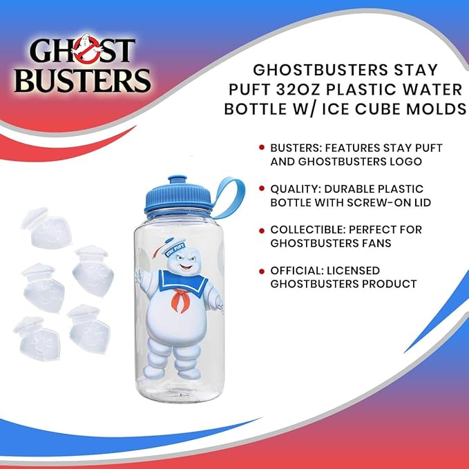 JUST FUNKY Official Ghostbusters Stay Puft Water Bottle - 32-Ounce Clear Container with Blue Lid and Ice Cube Molds - Features Giant Marshmallow Man and Film Logo - Licensed Franchise Merchandise