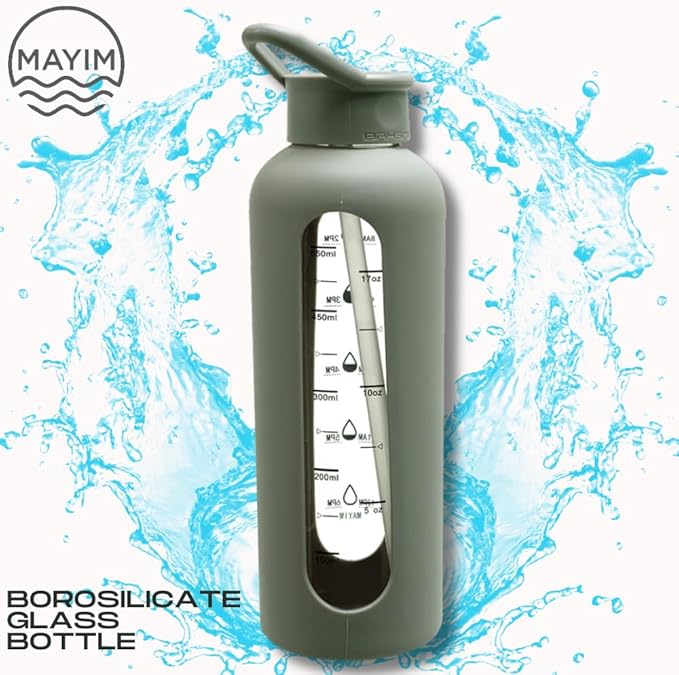 Mayim 24 Oz Glass Tumbler with Straw and Handle, Reusable Motivational Glass Water Bottle with Silicone Sleeve and Time Marker, Leak Proof Borosilicate Water Bottle -Grey