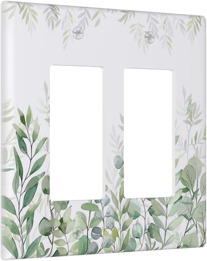 Green Eucalyptus Rustic Botanical Plant Leaves 2 Gang Rocker Decora Boho Light Switch Covers Decorative Dual Outlet Covers Wall Plate Electrical Faceplate Switchplate GFCI for Country Bedroom