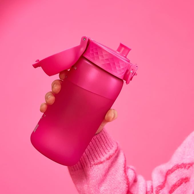 Ion8 Small Water Bottle, 350 ml/12 oz, Leak Proof, Easy to Open, Secure Lock, Dishwasher Safe, BPA Free, Carry Handle, Hygienic Flip Cover, Easy Clean, Odor Free, Carbon Neutral, Hot Pink