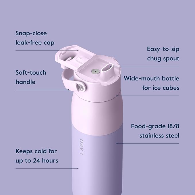 LARQ Bottle Swig Top 34oz - Insulated Stainless Steel Water Bottle With Built-In Silicone Handle | Thermos, BPA Free | Reusable Water Bottle for Sports, Gym, and Travel, Luberon Lavender