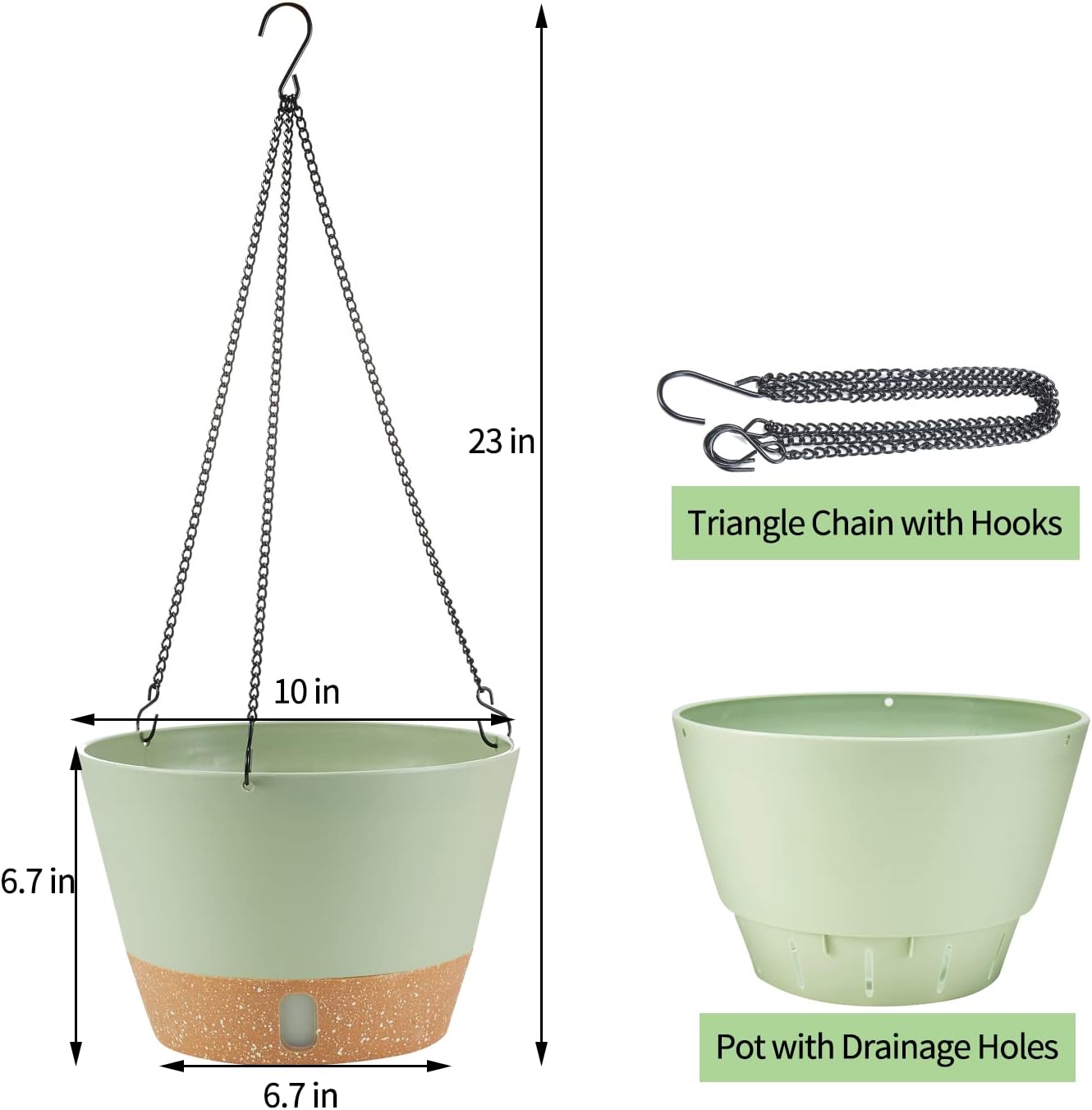 2 Pack Hanging Planters, 10 inch Indoor Outdoor Hanging Plant Pot Basket, Hanging Plastic Flower Pot with Drainage Hole with Removable Tray&Hooks for Hanging Plants,Green