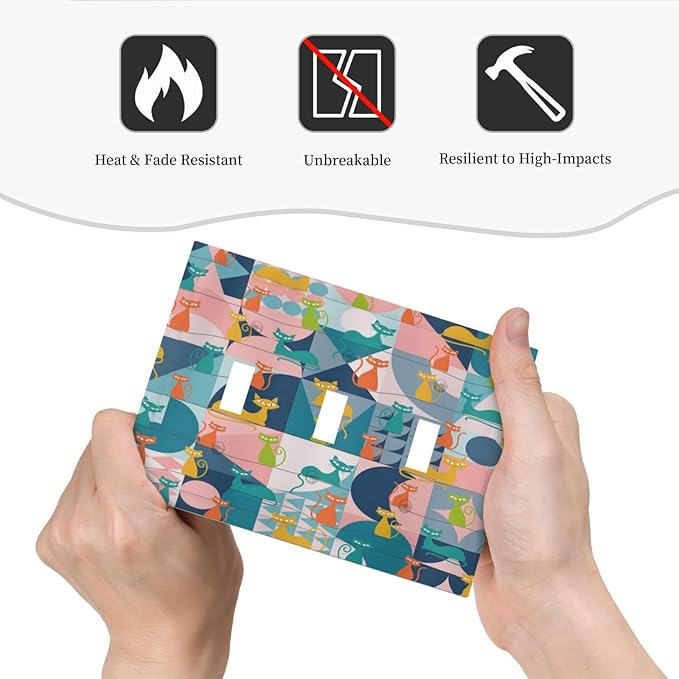 Mid Century Modern Atomic Cute Cats 3 Gang Light Switch Covers Triple Toggle Wall Plate Decorative Switchplate Electrical Faceplate for Kidroom Nursery Bedroom Decor