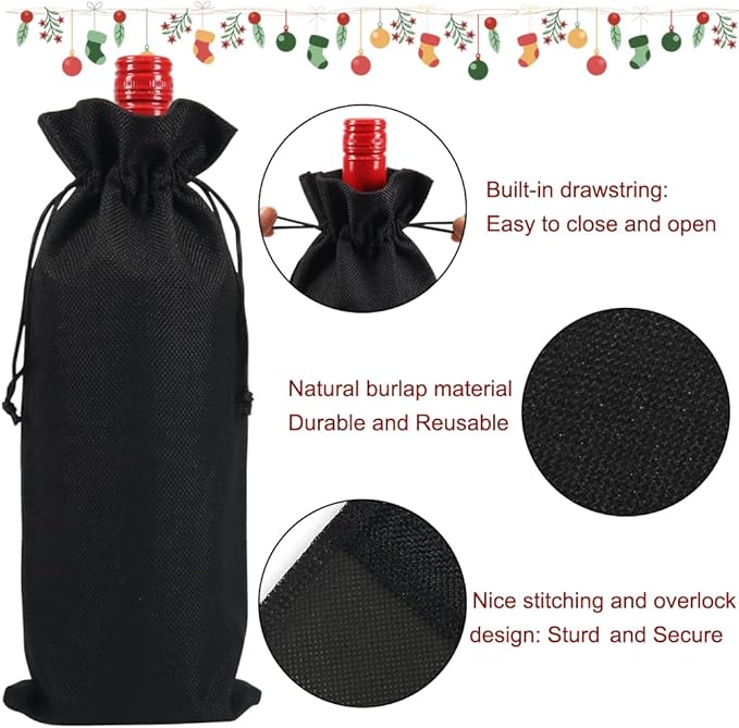 Shintop 10pcs Jute Wine Bags, 14 x 6 1/4 inches Hessian Wine Bottle Gift Bags with Drawstring for Party Halloween Festival Gift Favors (Black)