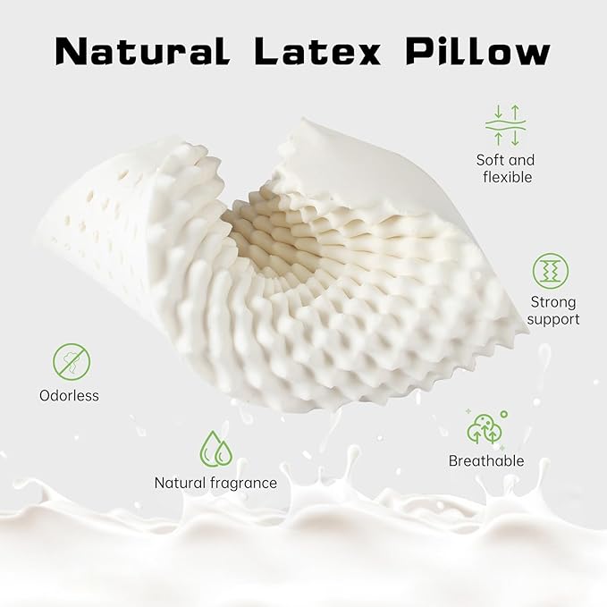 Latex Pillow,Cervical Neck Support Bed Pillows with Removable Comfort Pillowcase,Large Particle Massage Bumps,Latex Contour Pillow for Side, Back and Stomach Sleeping