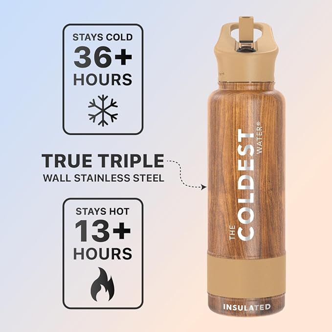 Coldest Sports Water Bottle with Straw Lid Vacuum Insulated Stainless Steel Metal Thermos Bottles Reusable Leak Proof Flask for Sports Gym (40 oz, Executive Wood)
