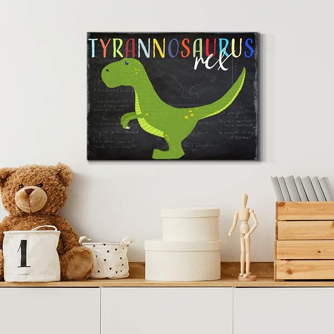 Renditions Gallery Canvas Animal Wall Art Modern Decorations Paintings Green Tyrannosaurus Rex Vibrant Dinosaur Canvas Wall Hanging Artwork for Kids Bedroom Nursery - 12"x18" LT33