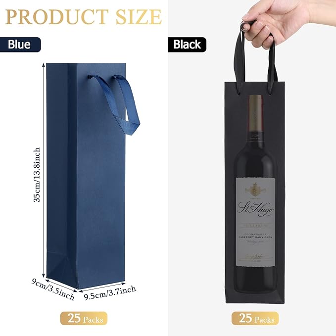 Fumete 50 Pack Wine Bottle Gift Bags Paper Wine Gift Bags Bulk 13.8x3.7x3.5 Wine Bags with Handles Appreciation Gifting Bags for Christmas Wedding Anniversary Birthday Party(Black, Navy Blue)