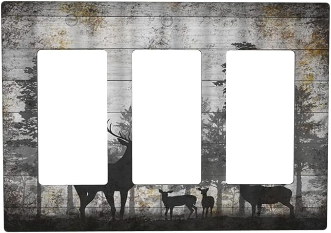 Rustic Deer Forest Vintage Wood Board 3 Gang Rocker Boho Light Switch Covers Decorative Country Unique Triple Outlet Wall Plate Cover Faceplate Decorative Switchplate GFCI for Farmhouse