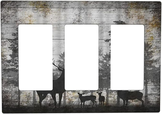 Rustic Deer Forest Vintage Wood Board 3 Gang Rocker Boho Light Switch Covers Decorative Country Unique Triple Outlet Wall Plate Cover Faceplate Decorative Switchplate GFCI for Farmhouse