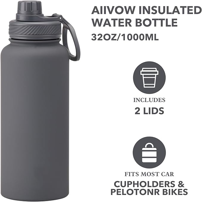 Grey 32 OZ Insulated Water Bottle, Dark Gray Large Metal Insulated Stainless Steel Water Flask, Big Sports Travel Water Bottle with 2 Lids, Insulated Thermos Thermal Mug Cup