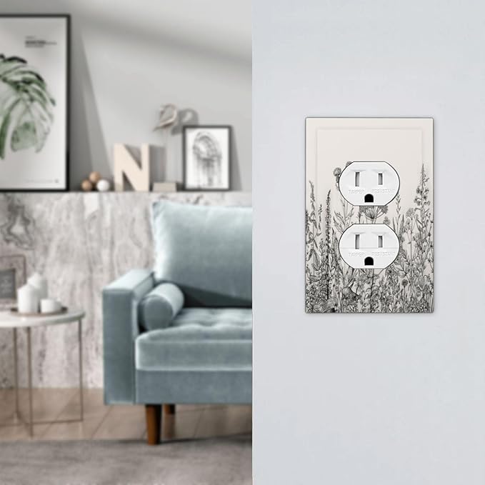 Vintage Grey Floral Herbs Wild Flowers Botanical Single Duplex Wall Plate Covers Boho Light Switch Cover 1 Gang Outlet Plate Decorative Country Electrical Receptacle Art Faceplate Switchplate