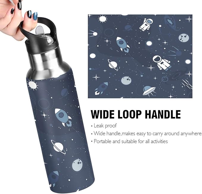 Blueangle 22 OZ Cartoon Astronaut Water Bottle with Straw - BPA Free Leakproof Stainless Steel Water Bottle for Women Men Water Jug for Fitness Gym Outdoor Sport
