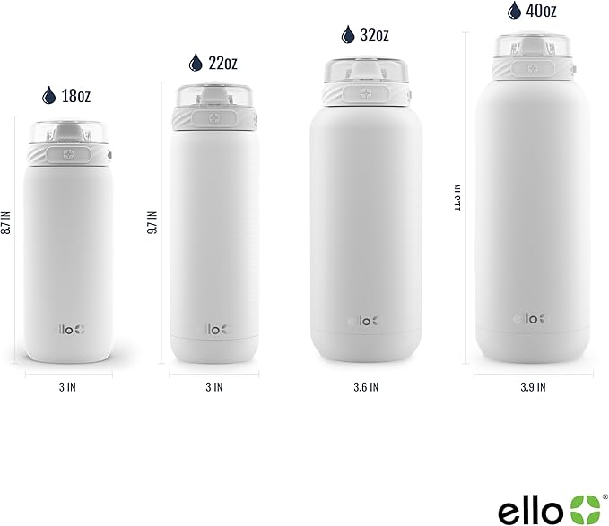 Ello Cooper 32oz Stainless Steel Water Bottle with Straw and Carry Handle, Double Walled and Vacuum Insulated Metal, Leak Proof Locking Lid with Soft Silicone Spout, Reusable, BPA Free, White