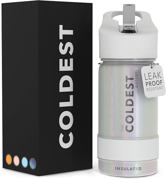Coldest Sports Water Bottle - Straw Lid Bottle with Handle Leak Proof, Vacuum Insulated Stainless Steel, Double Walled, Thermo Mug, Metal | Cosmic Ice 14 oz