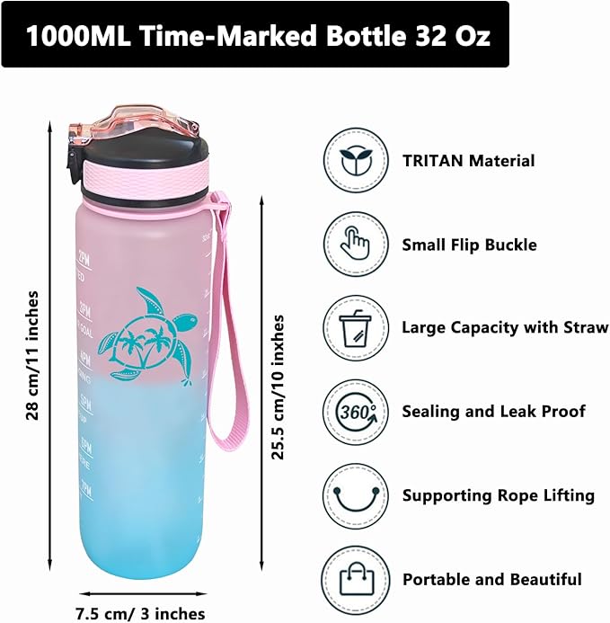 Sea Turtle Water Bottle with Straw, Carry Strap, LeakProof, Tritan BPA Free, 32 Oz Motivational Water Bottle with Time Marker to Ensure You Drink Enough Water for Gym Fitness Outdoor